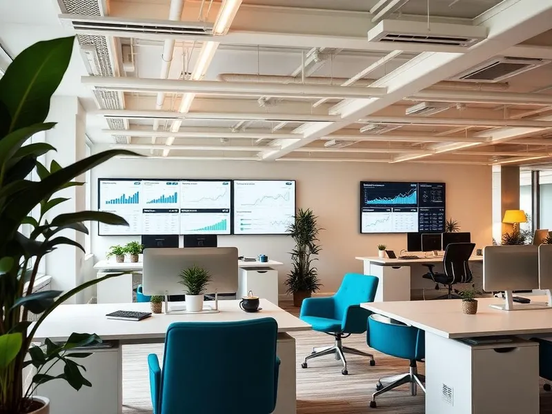 Open plan workspace with analytics dashboards